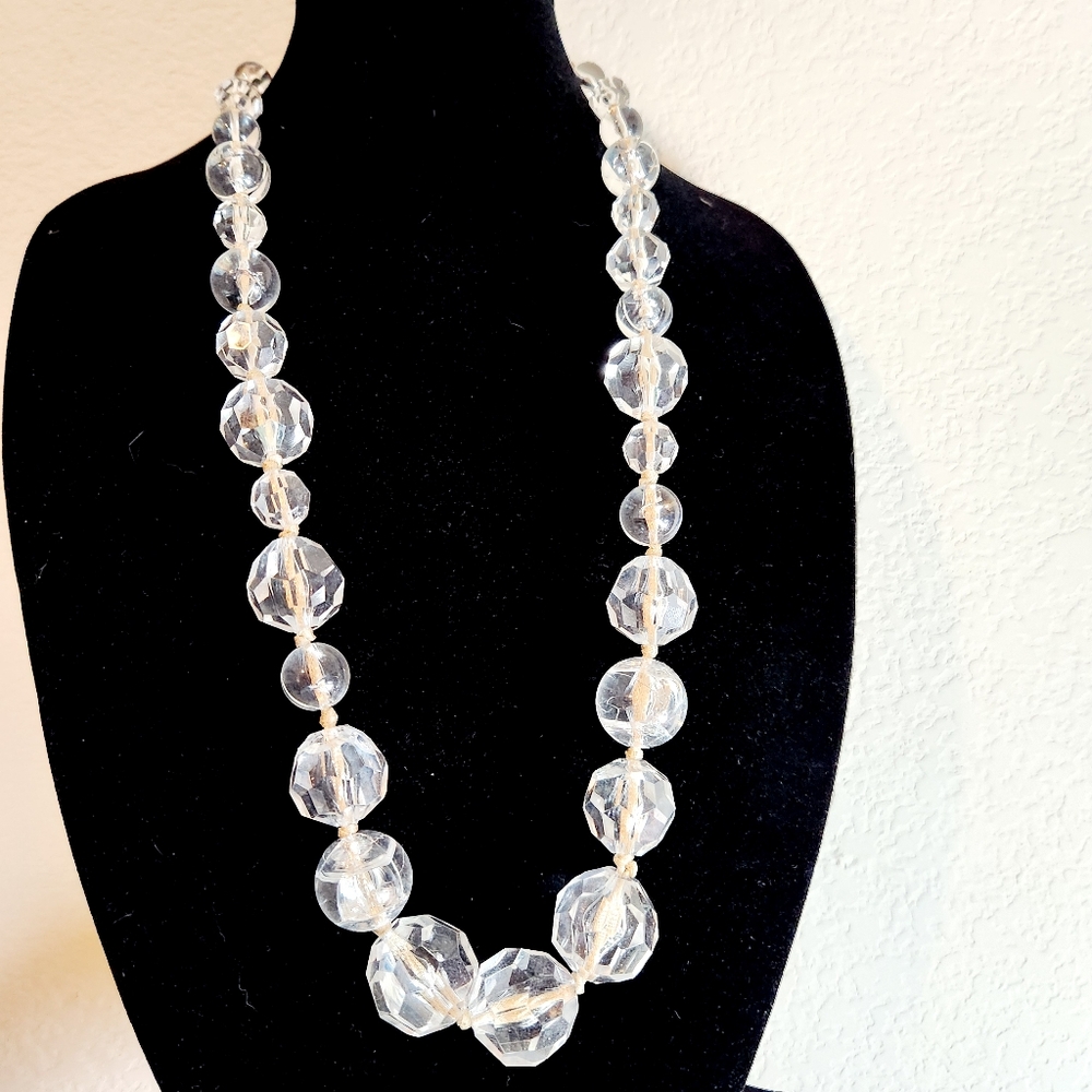 Vintage Chunky Clear Lucite Faceted & Orb Huge Bead Necklace Graduated Statement
